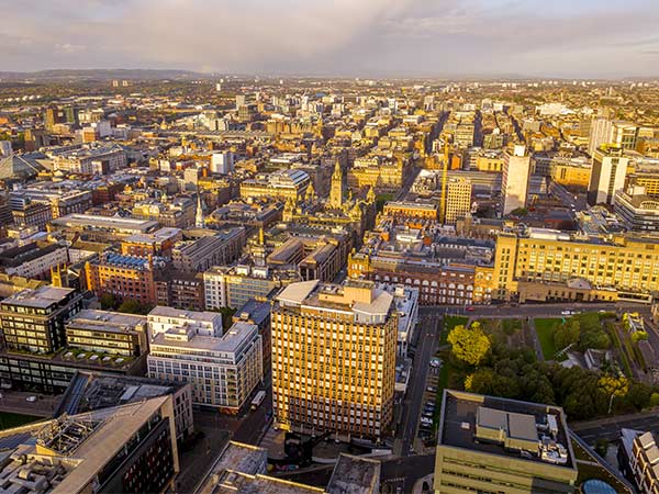Aerial of the Livingston Tower in Glasgow city centre.