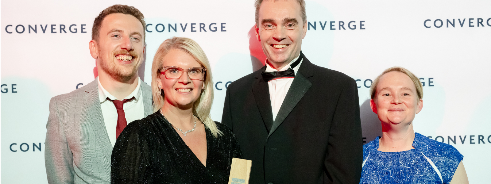 The Biosers team at the Converge Awards. Left to right:  Andrew Callander; Dr Hayleigh May;  commercial champion Mark Zwinderman; Strathclyde Head of Industry Engagement and Commercialisation Dr Catherine Breslin. Photo by Anna Moffat