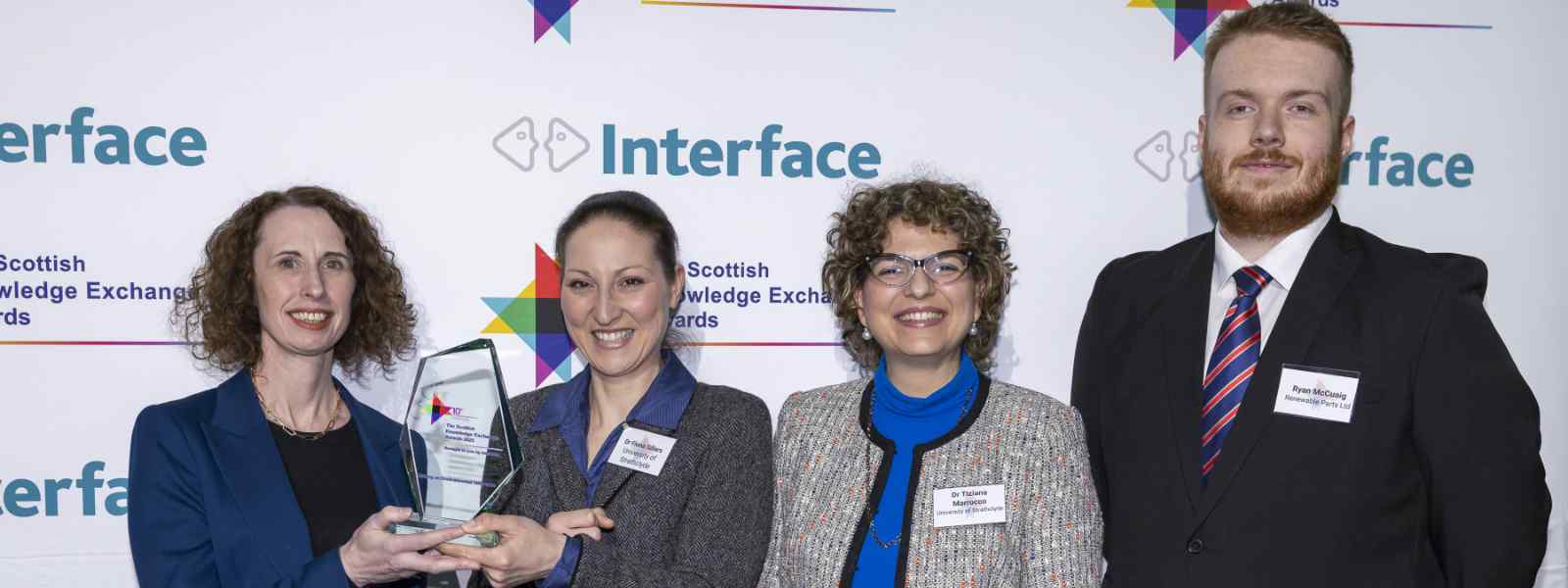 Winners of the Making an Environmental Difference award at the Scottish Knowledge Exchange Awards.  L-R: Dr Andrea Taylor of Edinburgh Innovations Ltd; Strathclyde researchers Dr Fiona Sillars and Dr Tiziana Marrocco; Ryan McCuaig of Renewable Parts. Photo by Martin Shields Photography