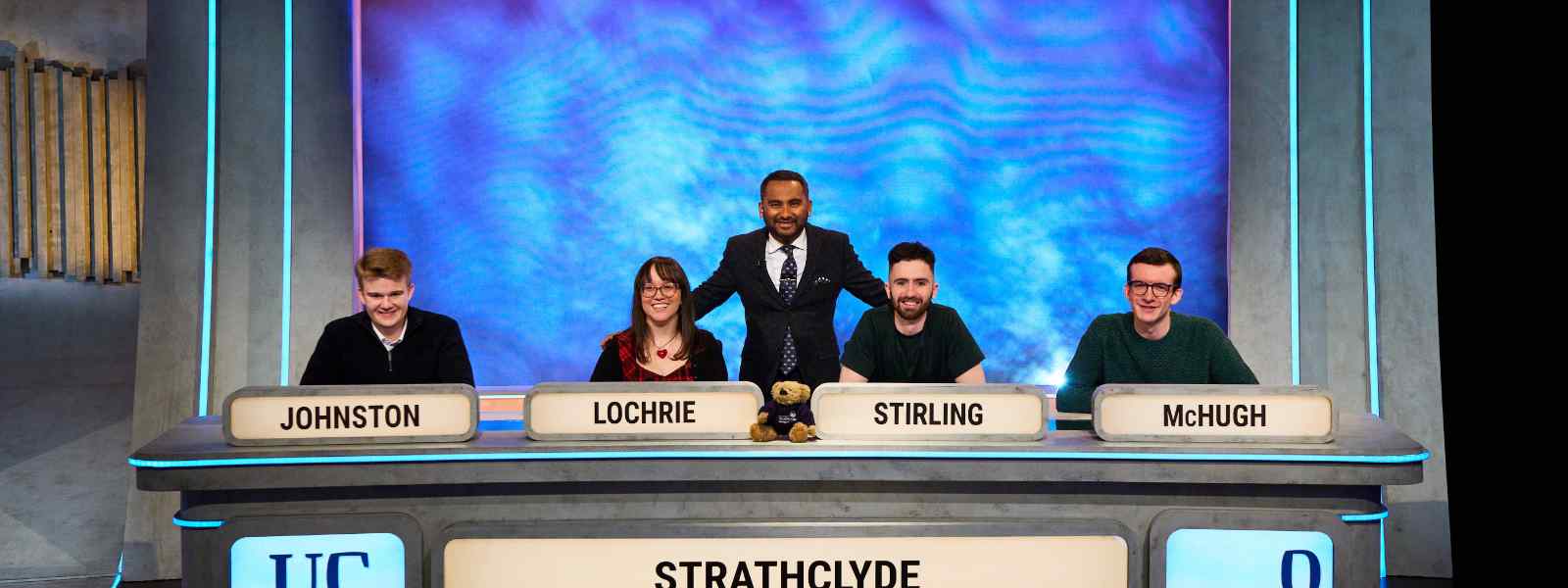 Strathclyde's University Challenge team with host Amol Rajan. Left to right: Matthew Johnston; Kate Lochrie; Jack Stirling; Tom McHugh. Photo by Ric Lowe/Lifted Entertainment